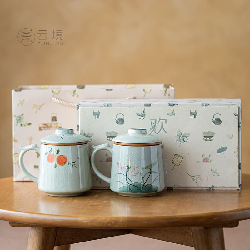 冰裂手绘茶水分离水杯家用办公室马克杯陶瓷带盖过滤泡茶杯