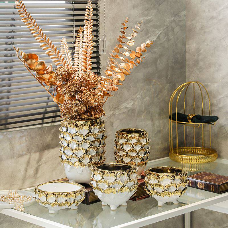 陶瓷手工贴花花瓶家居玄关客厅酒店电视柜酒柜电镀金色轻奢装饰品