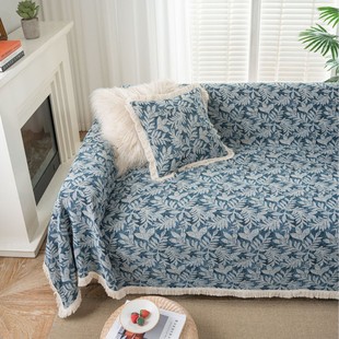 美式复古沙发盖布防猫抓一片式沙发巾蓝色提花沙发垫四季通用盖毯