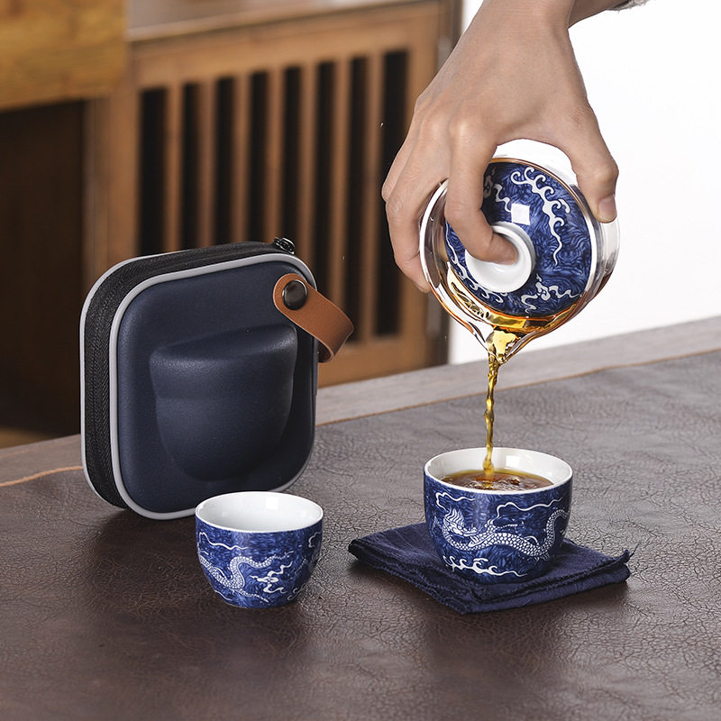 青花玻璃快客杯一壶二杯 户外泡茶功夫旅行便携茶具批发