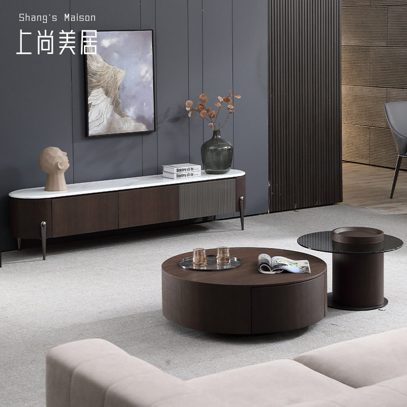 烟熏色岩板茶几电视柜储物极简轻奢钢化玻璃边几客厅电视柜组合