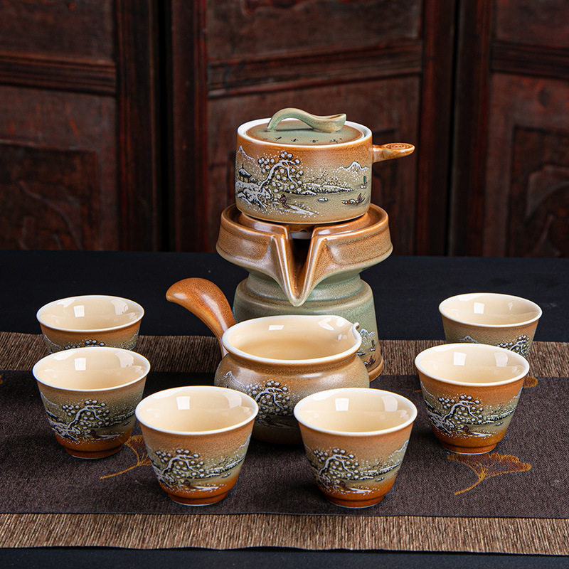 新款瑞雪兆丰年石磨自动茶具防烫懒人粗陶陶瓷泡茶器旋转出水