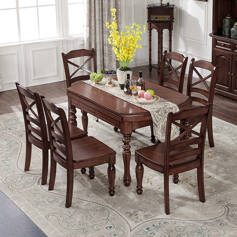 美式复古方圆两用餐桌椅组合欧式实木可伸缩小户型圆桌