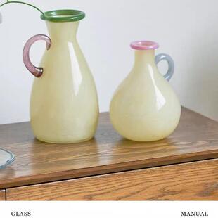 玻璃花瓶渐变彩色耳朵瓷粉鲜花餐桌台面电视柜摆件装饰