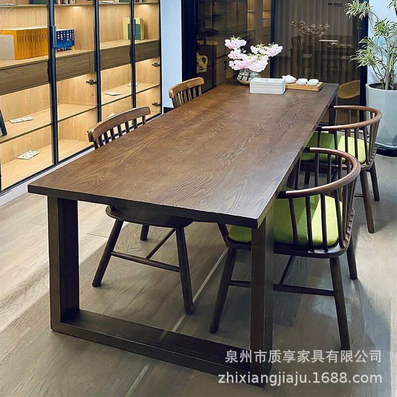 中古风原木餐桌书桌一体两用客厅大长桌黑胡桃色2米长实木吃饭桌