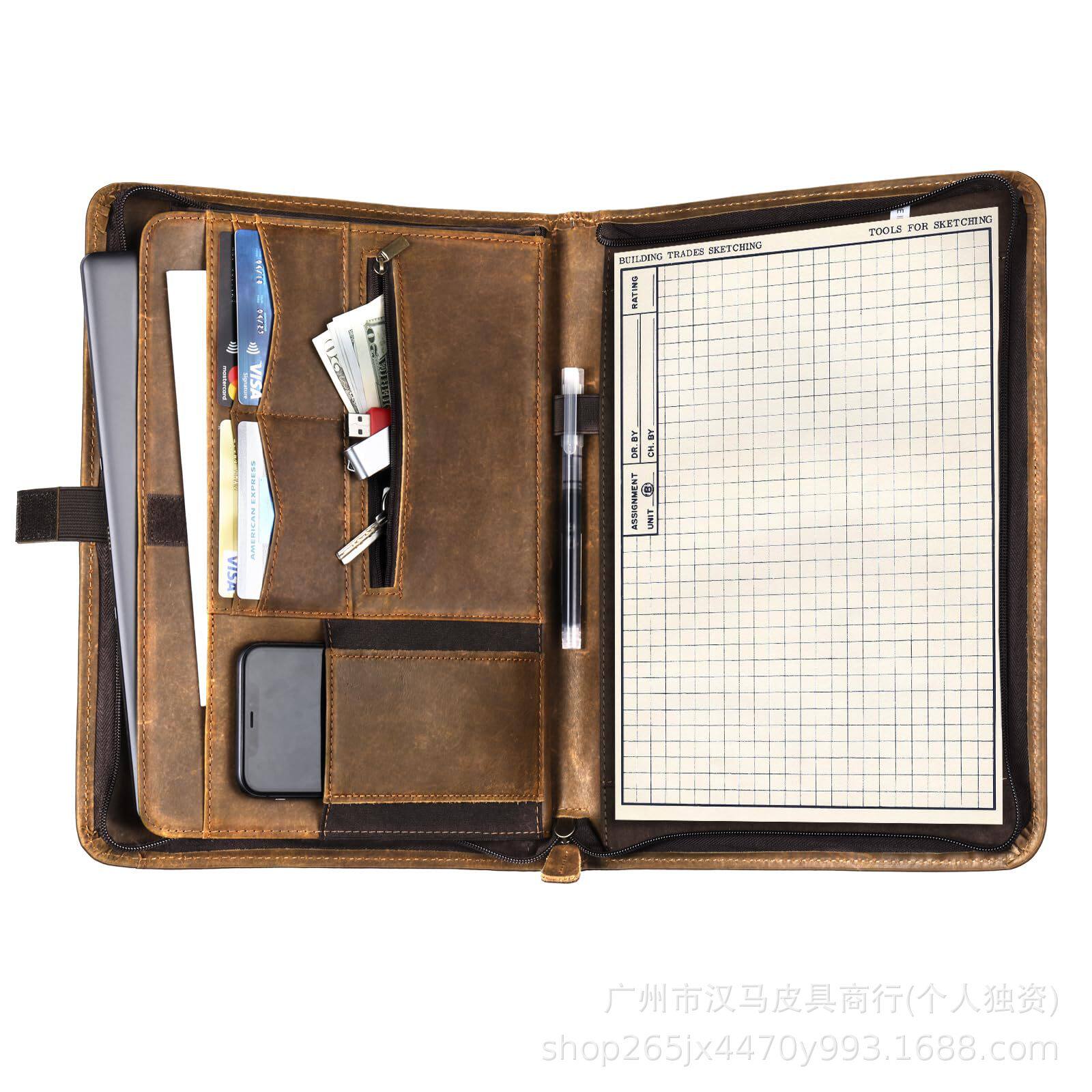 欧美手工制作复古疯马皮A5文件夹商务多功能个性化拉链文件夹