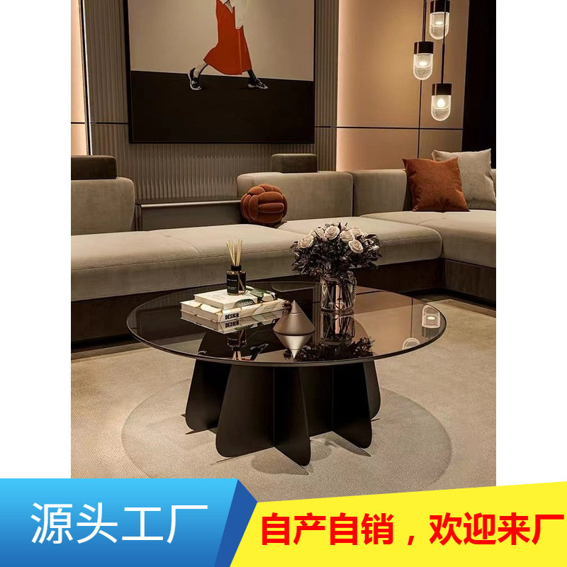 现代家用极简岩板边几钢化玻璃圆形茶几简约小户型茶几桌客厅