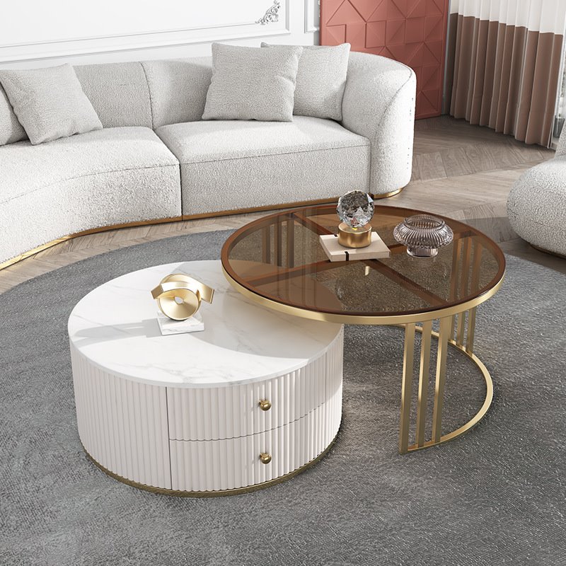 现代简约家用岩板茶几酒店小户型客厅圆形茶几可收纳岩板茶几组合