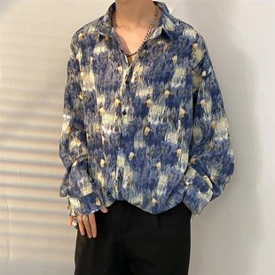 优质潮牌复古腰果花衬衫 小众 r男长袖 雪纺慵懒港风垂坠感宽松薄款