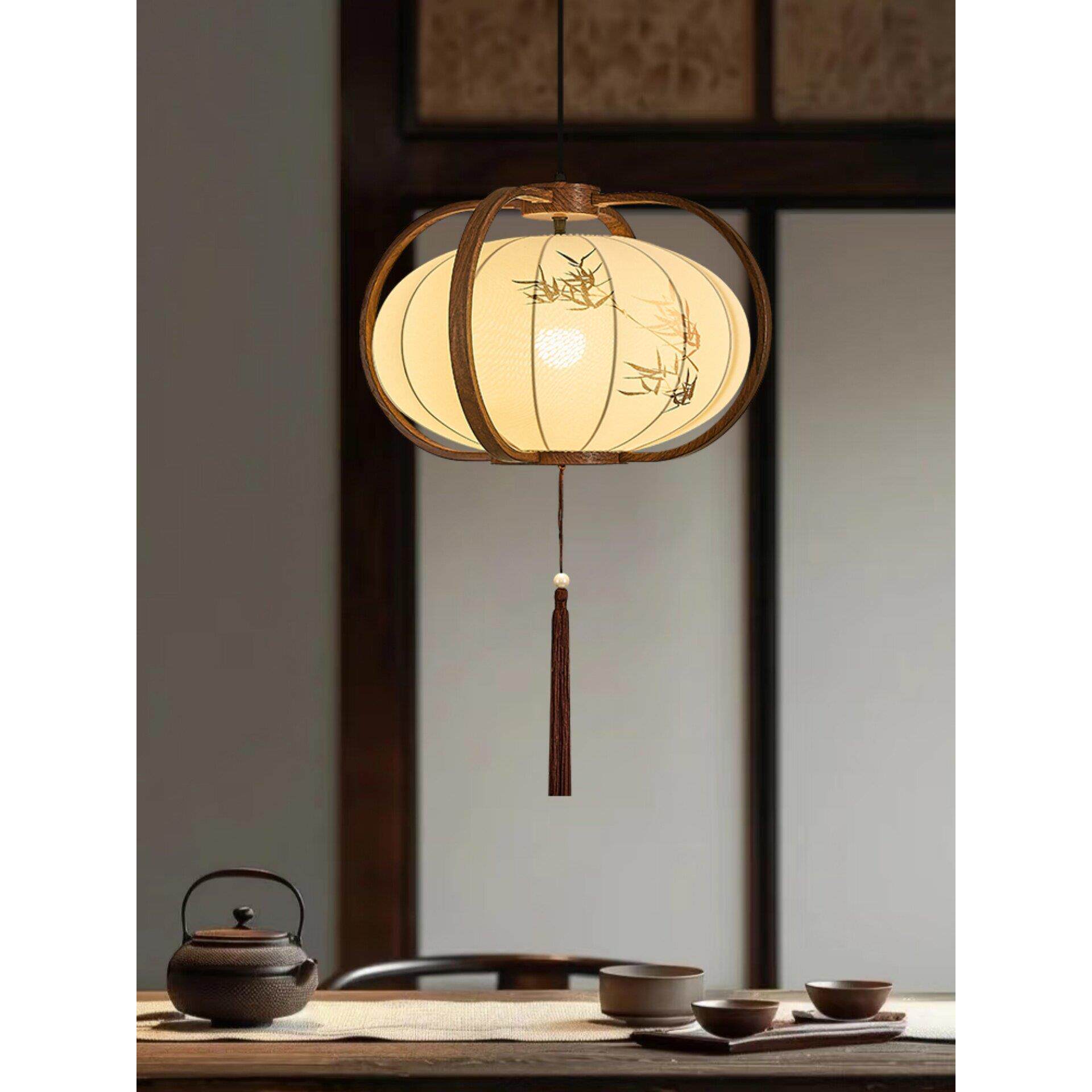 宋朝美学小吊灯设计师彩绘竹叶实木布艺风格中式餐厅禅宗茶室气氛