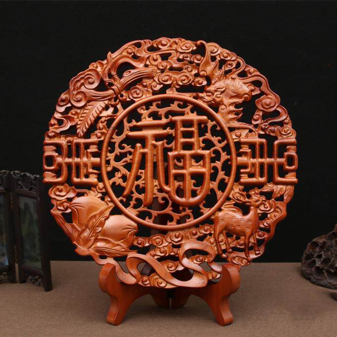 中国结桃木大福字摆件挂件东阳木雕实木客厅玄关乔迁新居中式挂饰