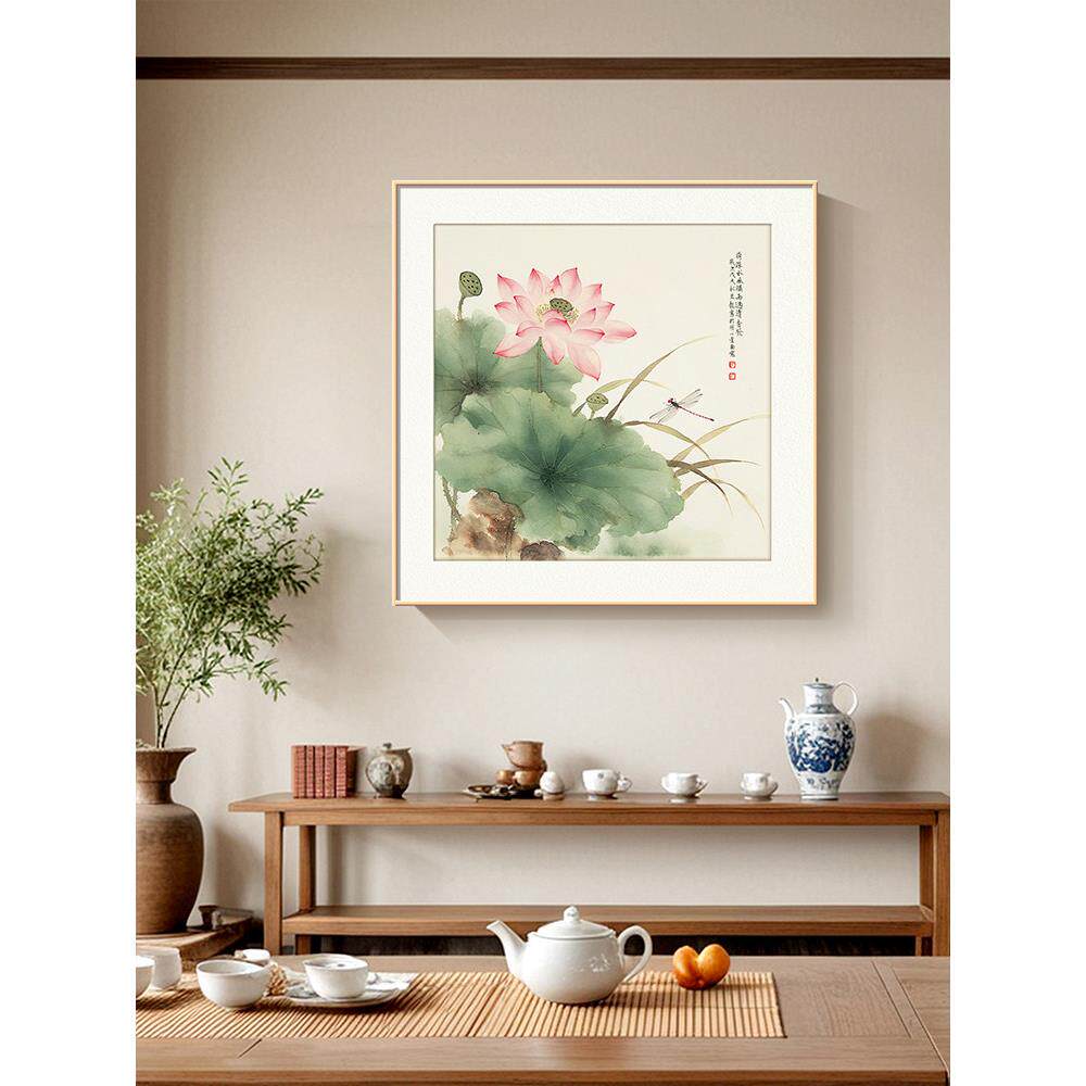 荷花画新中国风餐具柜装饰画2025新客厅挂画小清新方茶室壁画