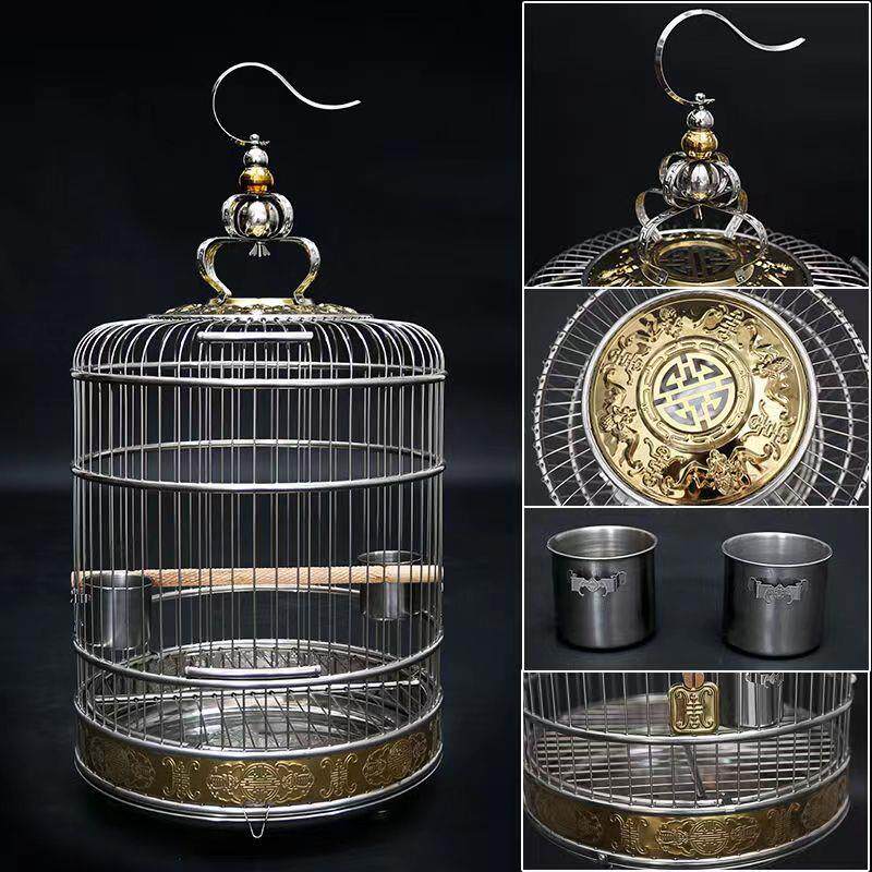 天寿不锈钢鸟笼双福抱金款鹦鹉画眉八哥鹩哥超大号别墅金属鸟笼子图片