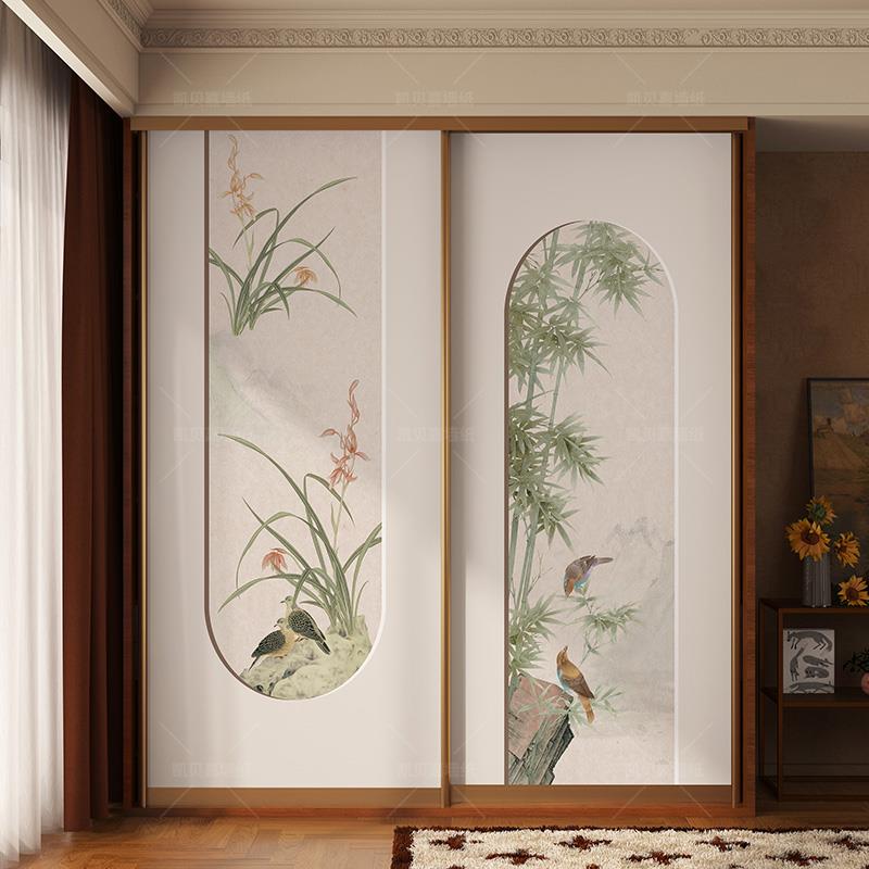 新中式装饰衣柜门贴纸复古翻新柜子贴画改造卧室书房家具自粘壁纸