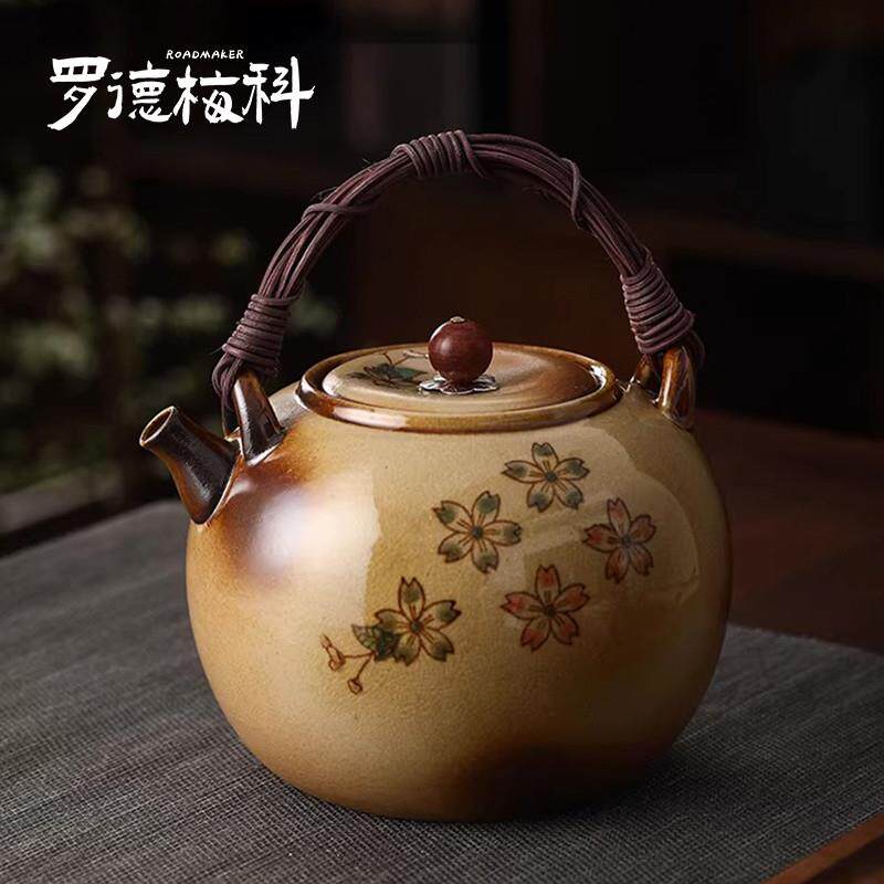 罗德梅科高端苏打釉手绘陶壶胡桃木黑晶炉可明火提梁养生壶煮茶壶