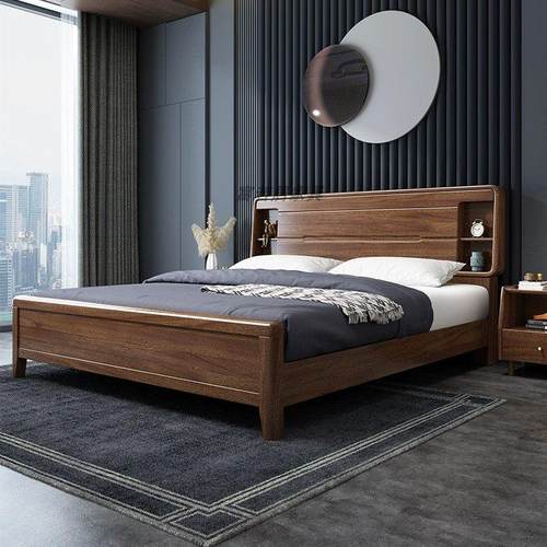 胡桃木全实木床双人床1.8米1.5M现代简约主卧婚气压高箱储物床