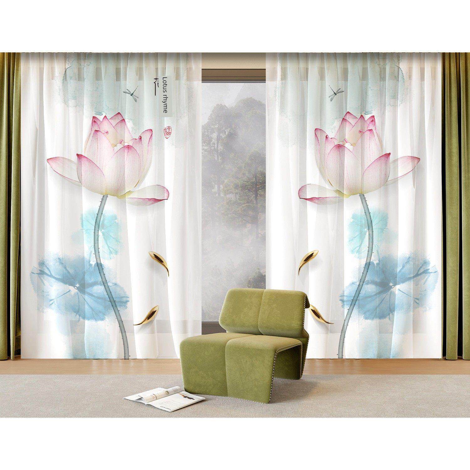 定制荷花窗帘纱布新中国风民宿房间，书房，客厅，阳台隔断装饰阻