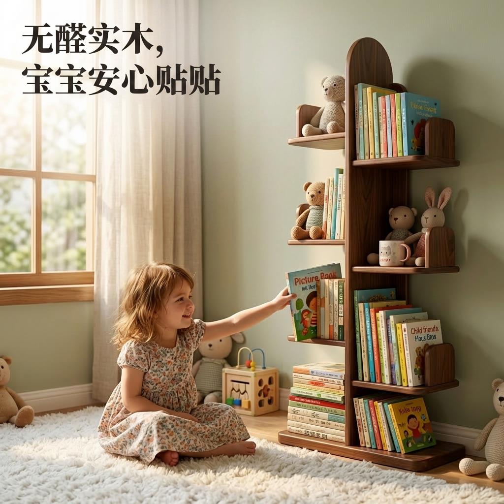 实木床头置物架仙人掌书架展示收纳层架卧室收纳落地靠墙置物架儿