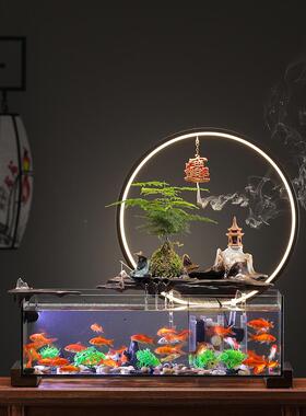创意招财流水摆件循环水玻璃鱼缸造景假山客厅办公室乔迁礼装饰品