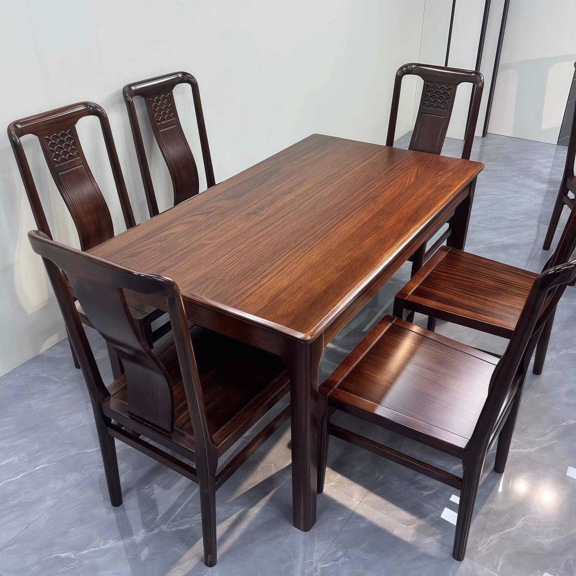 新中式乌金木餐桌全实木饭桌小户型吃饭桌子家用长方形餐桌椅组合