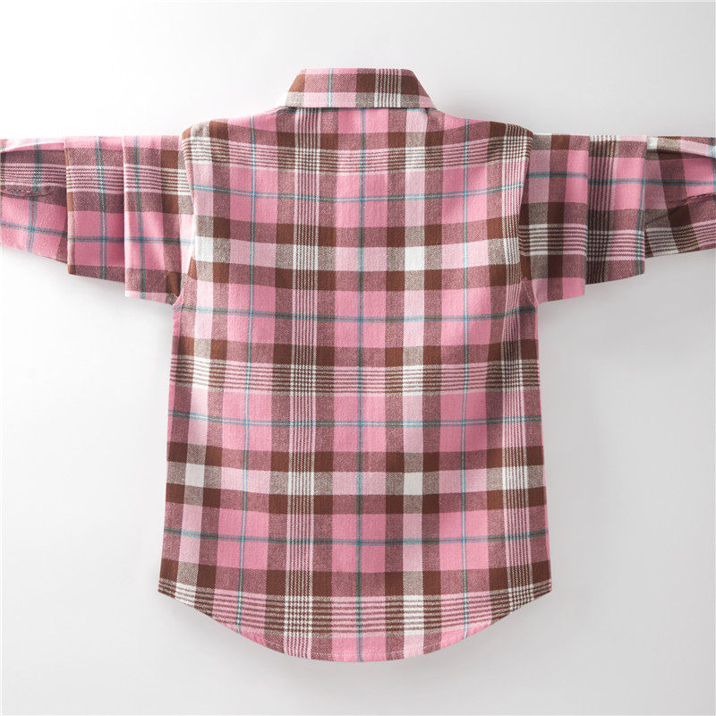 女童衬衫春秋款中i大童女孩格子长袖上衣纯棉磨毛时尚外套2023新