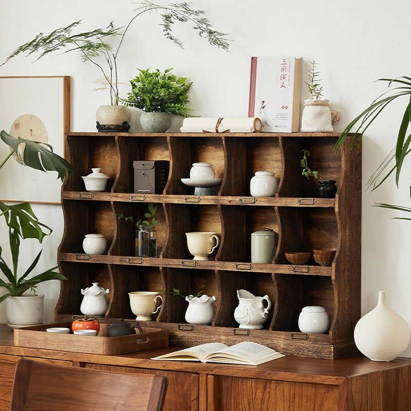 复古实木桌面置物架m杯架做旧多宝阁收纳架展示架格子柜可挂墙整