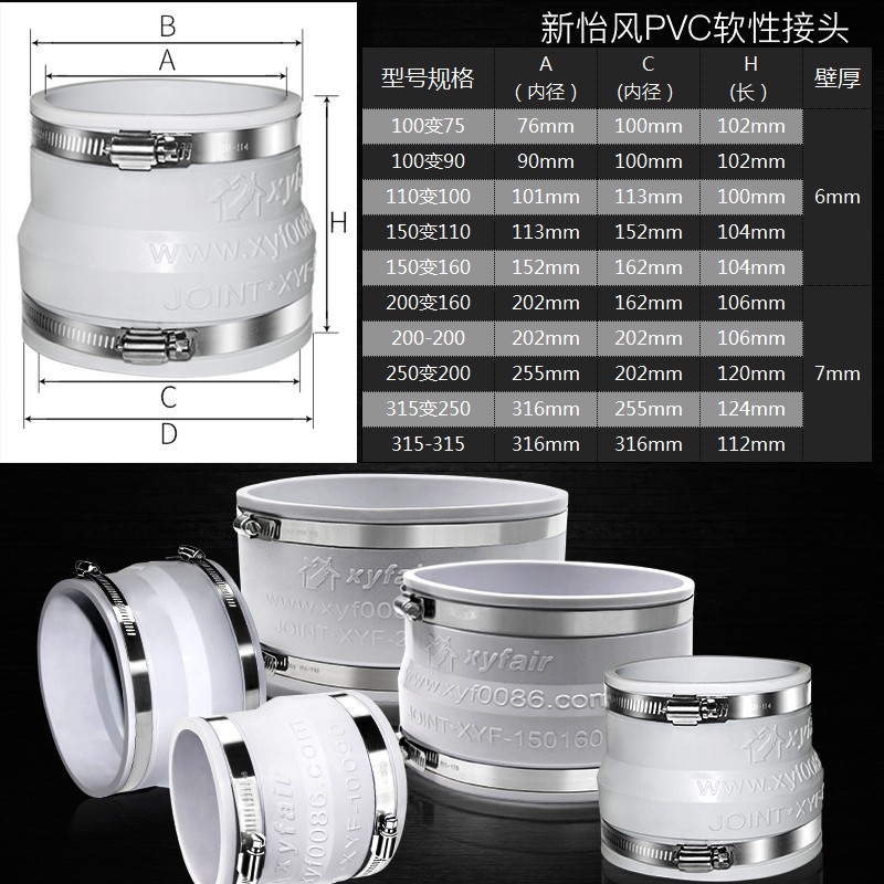 变径接头新风系统管道风机大小头软y连接100变75pvc管直接转换接