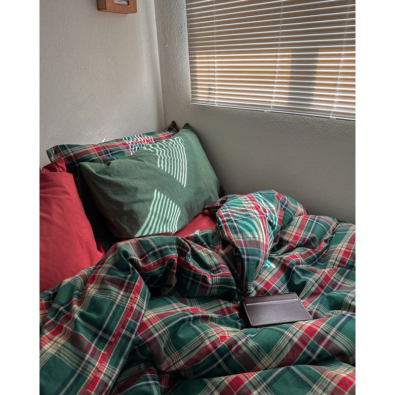 圣诞节美式d复古风格子纯棉床上四件套全棉床单被套床笠床品三件