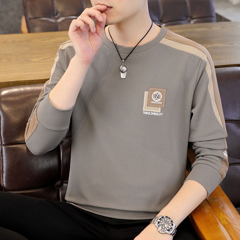 2023秋季新款男士加绒加u厚长袖T恤衫圆领厚棉T男装拼接款打底小