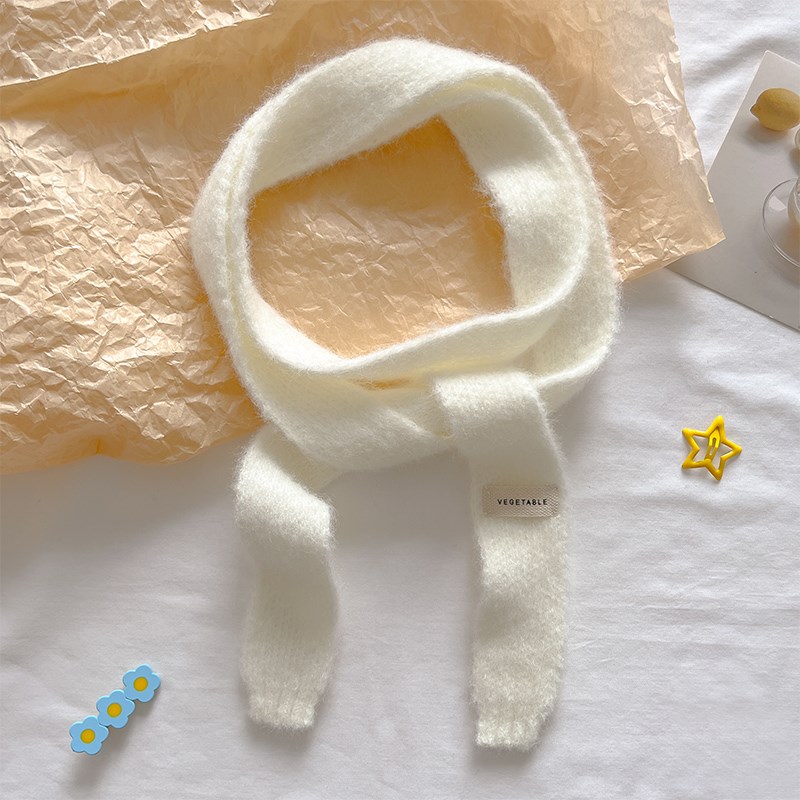 文艺少女长条细窄针织毛线毛绒纯色奶白色小N围巾女秋冬季护颈围