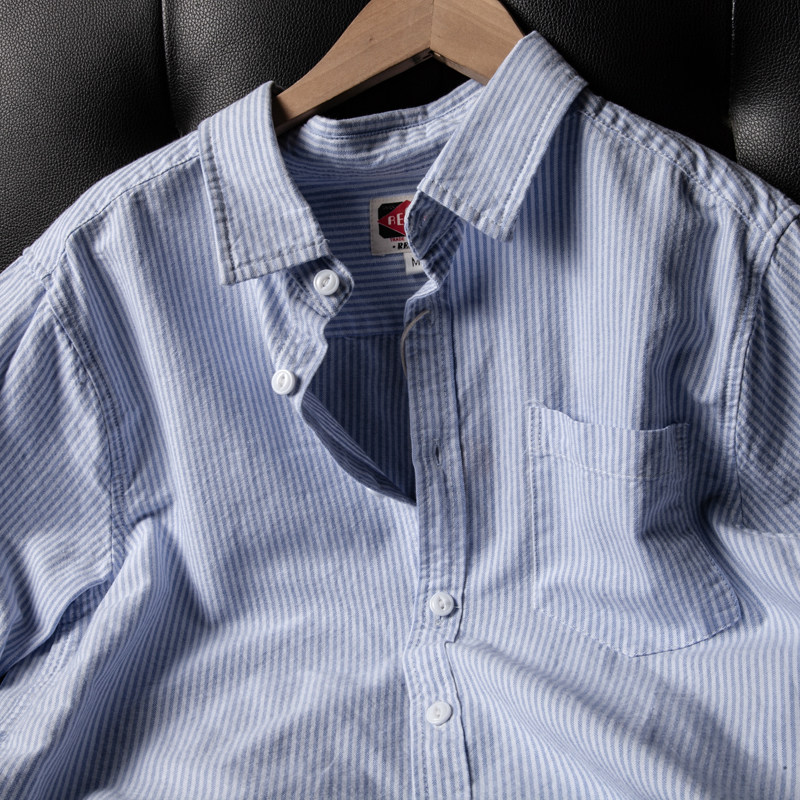 直接入 日系纯棉水洗复古文艺细条纹休闲男女长袖牛津Z纺衬衫衬衣