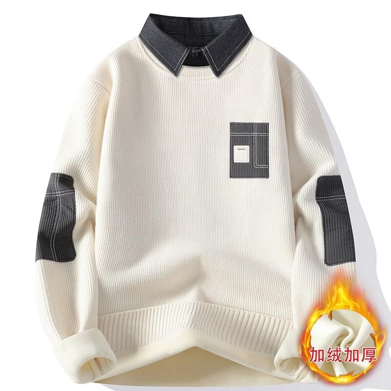 假两件卫衣c男士冬季拼接衬衫领内搭上衣带领子加绒加厚针织打底