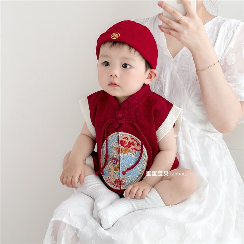 中式男宝宝夏装连体唐装r婴儿衣服满月百天一周岁礼服夏季夏天薄