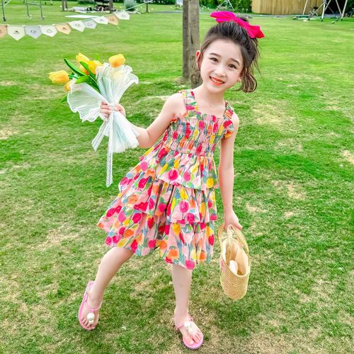 女童连衣裙蛋糕裙儿童夏装2024新款郁金香公主裙夏季碎花吊带裙子