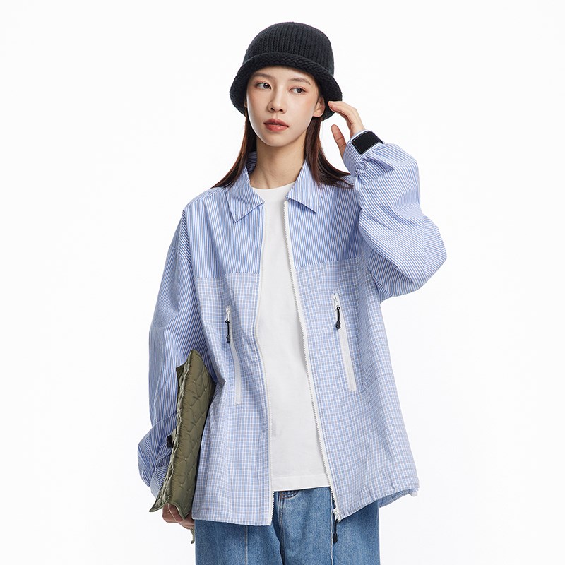 STRIIS窗外景拼接格子薄款拉链衬衫宽松休闲百搭翻领长袖轻薄外套