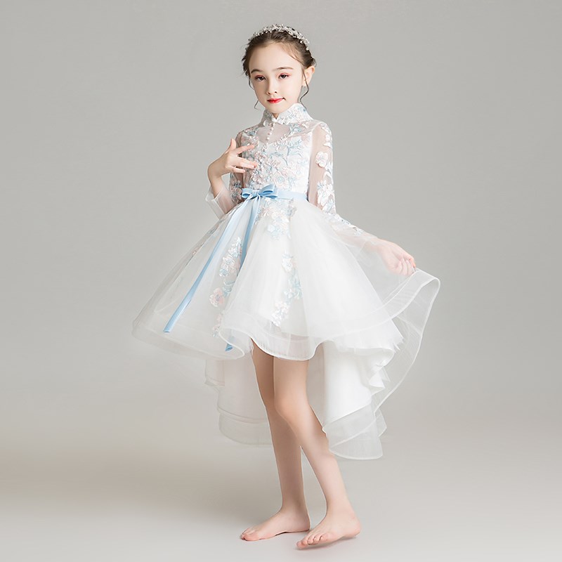 儿童婚纱小女孩花童晚礼服公主裙蓬蓬纱女童演出服白色长袖走秀秋