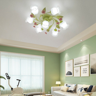 温馨公主房卧室花朵吸顶灯田园风格 客厅花草铁艺灯具 儿童灯饰欧式
