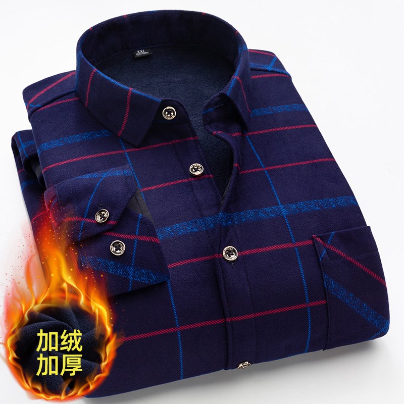 冬季新款保暖格子衬衫男加绒加厚宽松中老年休闲加大码爸爸装寸衣