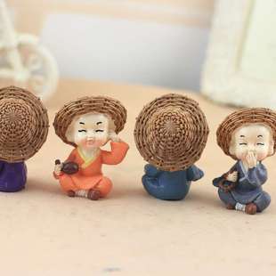 草帽和尚创意中控台车载摆件可爱四不小沙弥花盆巴西木微景观装 饰