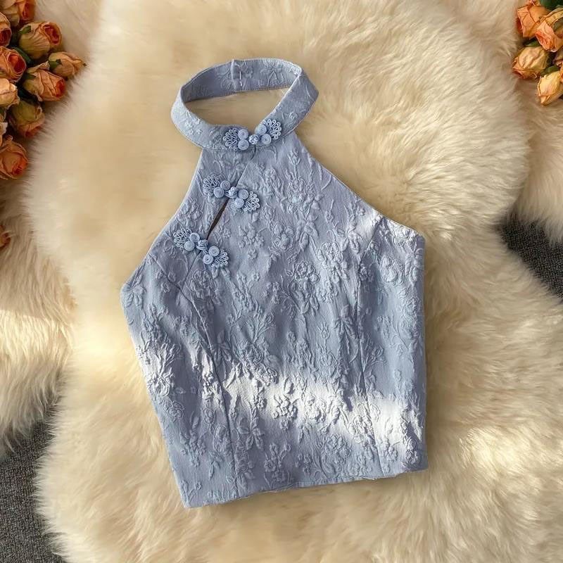 大码300斤露背短款挂脖上衣女胖MM国潮旗袍O小衫洋气吊带背心外穿