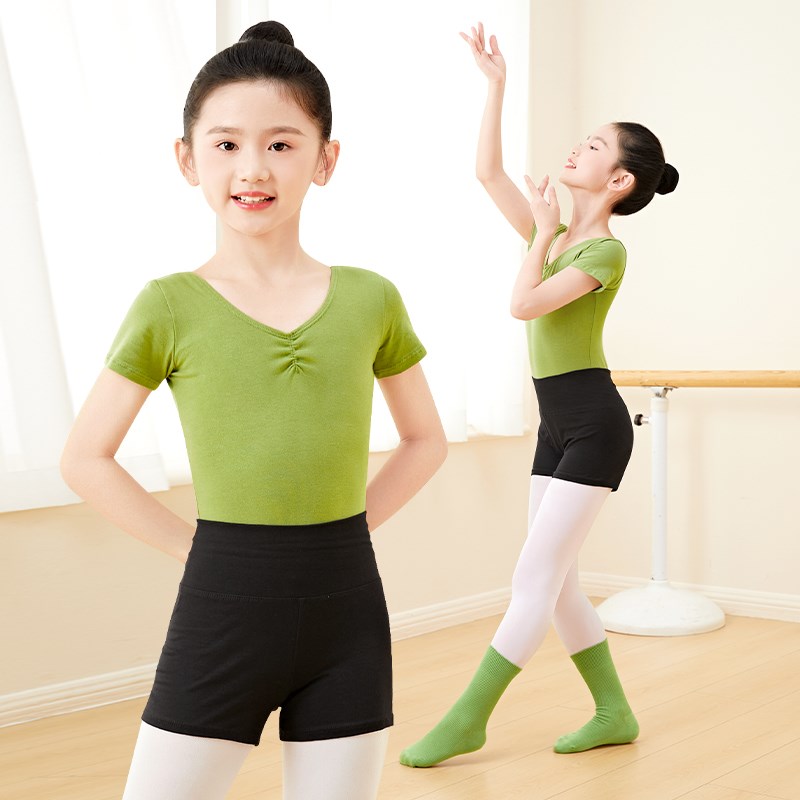 儿童舞蹈服短g袖牛油果绿女童练功服套装幼儿芭蕾舞服中国舞体操