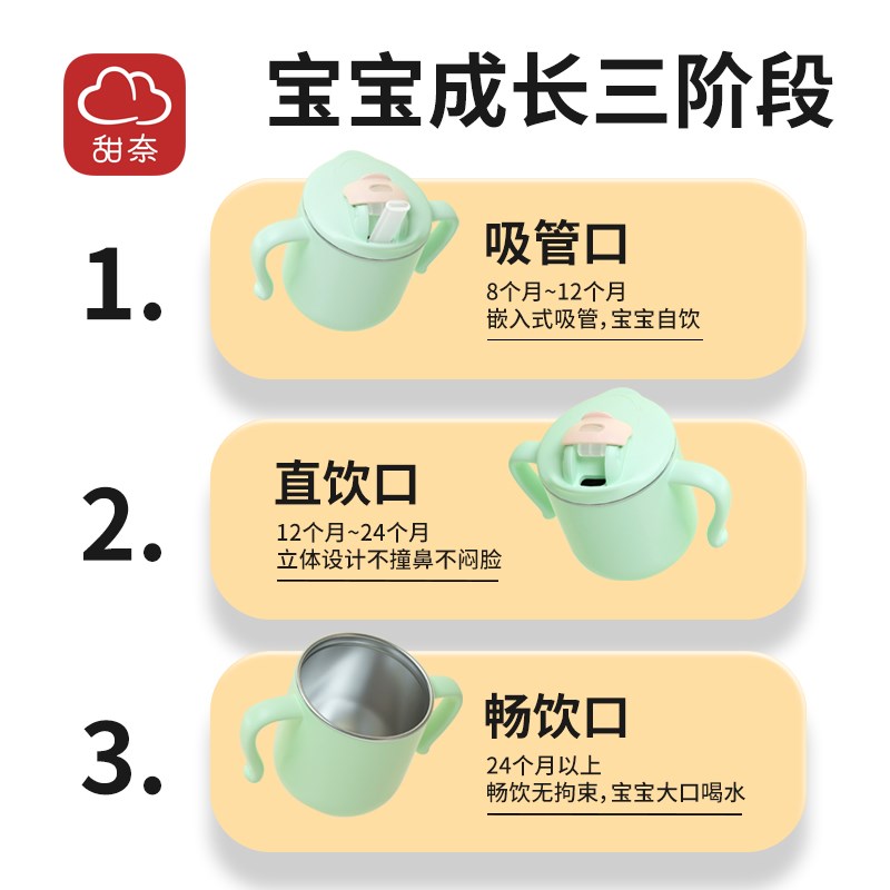 甜奈儿童水杯家用宝宝学饮杯婴儿喝水喝奶K不锈钢吸管杯鸭嘴牛奶