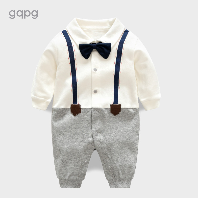 婴儿春秋早d季装男满月服百天周岁百日宴宝宝绅士礼服纯棉连体衣