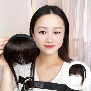 黑色发箍刘海一体全真发鬓角前额遮白发头帘刘海假发片.女自然前
