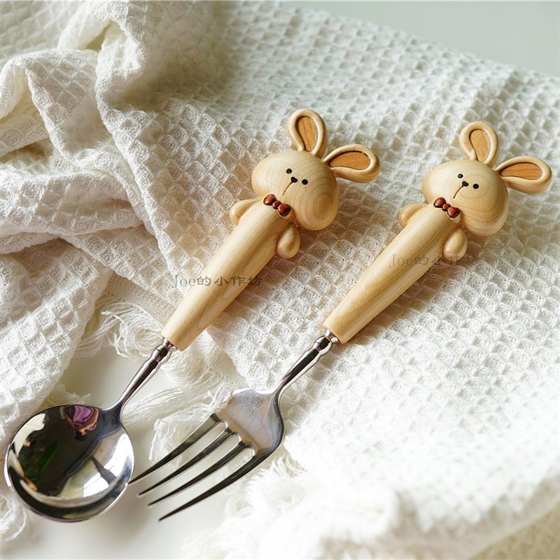 Joe实木不锈g钢兔子勺子创意可爱水果叉子动物手作316不锈钢礼物