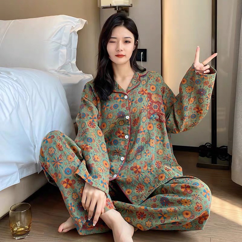 复古纱布开衫睡衣女长袖s长裤加大码简约宽松胖MM200斤家居服