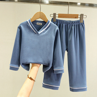 儿童双面德绒睡衣女童春秋纯棉长袖长裤家居服中大童X男孩内衣套