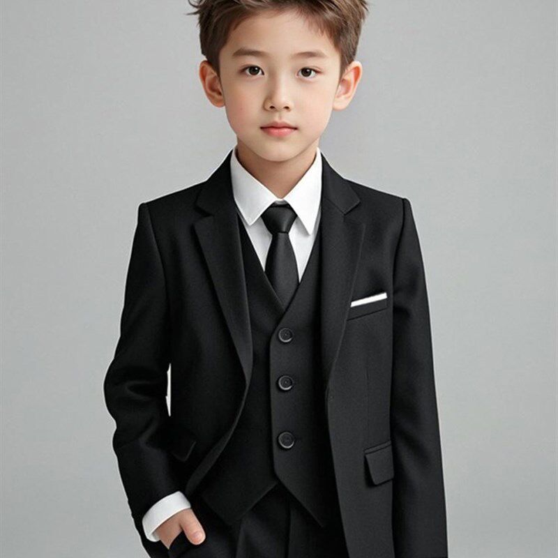 花童礼服男童西装套装秋冬英伦儿童主持I人黑色西服男孩钢琴演出