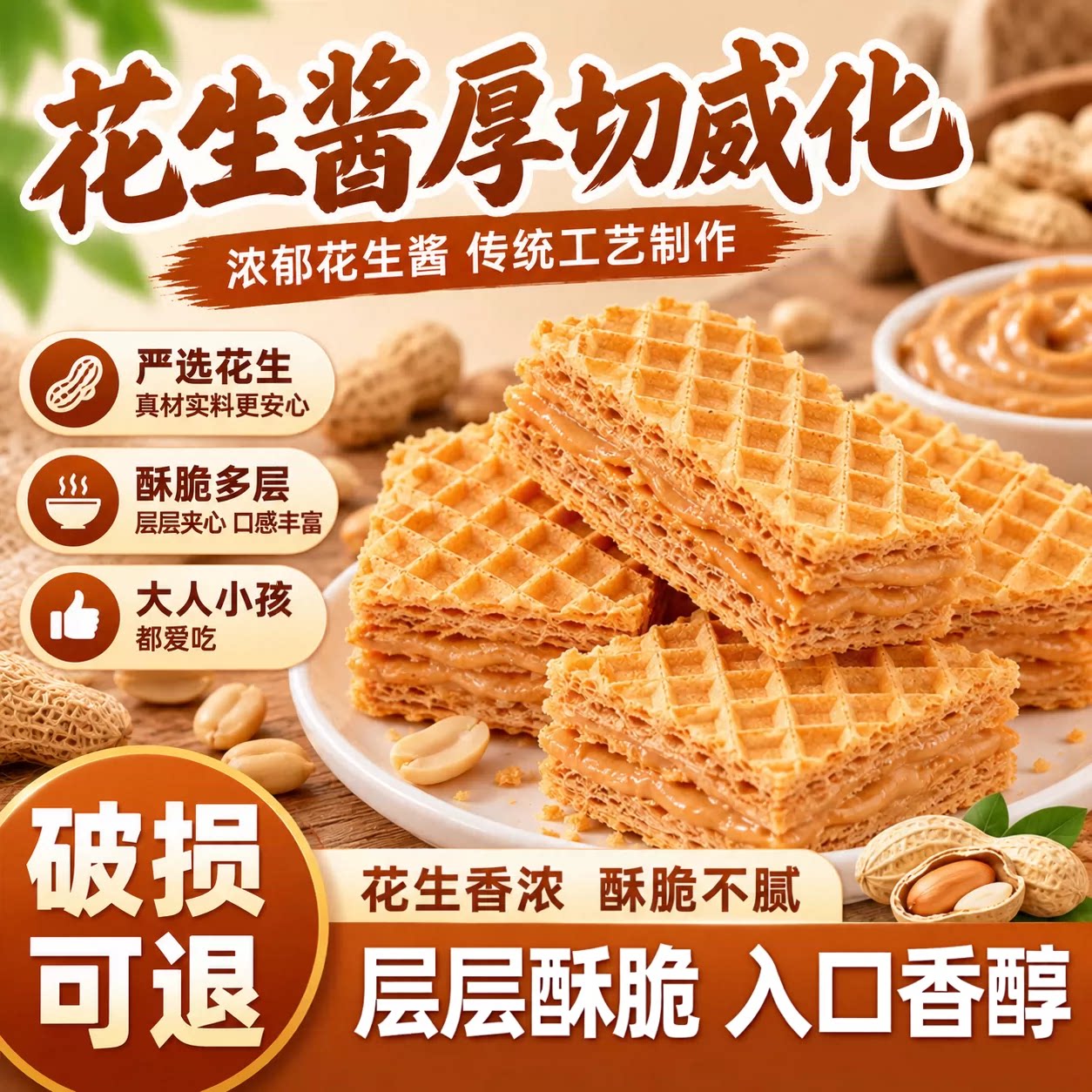 花生酱厚切威化饼干官方旗舰店夹心酥脆下午茶独立小包装休闲零食
