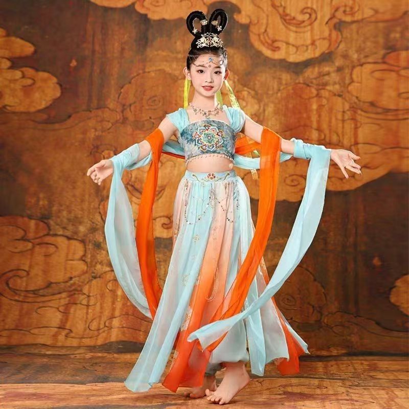 敦煌舞蹈服飞天乐鼓表演女童演出服儿童异域风情琵琶古典舞上铃鼓